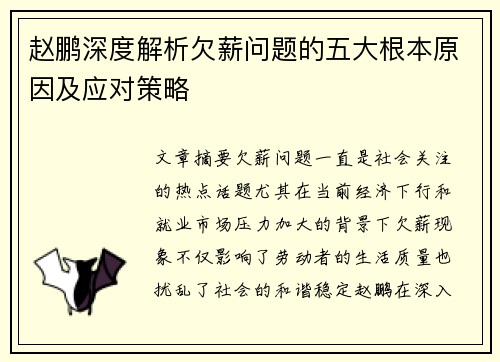 赵鹏深度解析欠薪问题的五大根本原因及应对策略