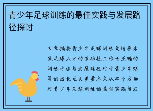 青少年足球训练的最佳实践与发展路径探讨