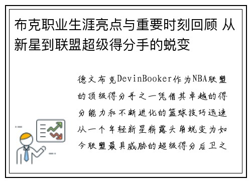 布克职业生涯亮点与重要时刻回顾 从新星到联盟超级得分手的蜕变