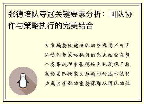 张德培队夺冠关键要素分析：团队协作与策略执行的完美结合