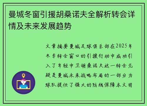 曼城冬窗引援胡桑诺夫全解析转会详情及未来发展趋势