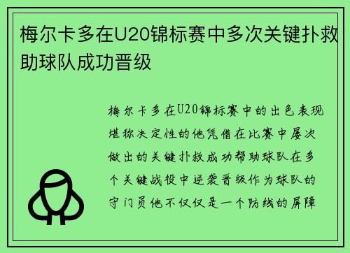 梅尔卡多在U20锦标赛中多次关键扑救助球队成功晋级